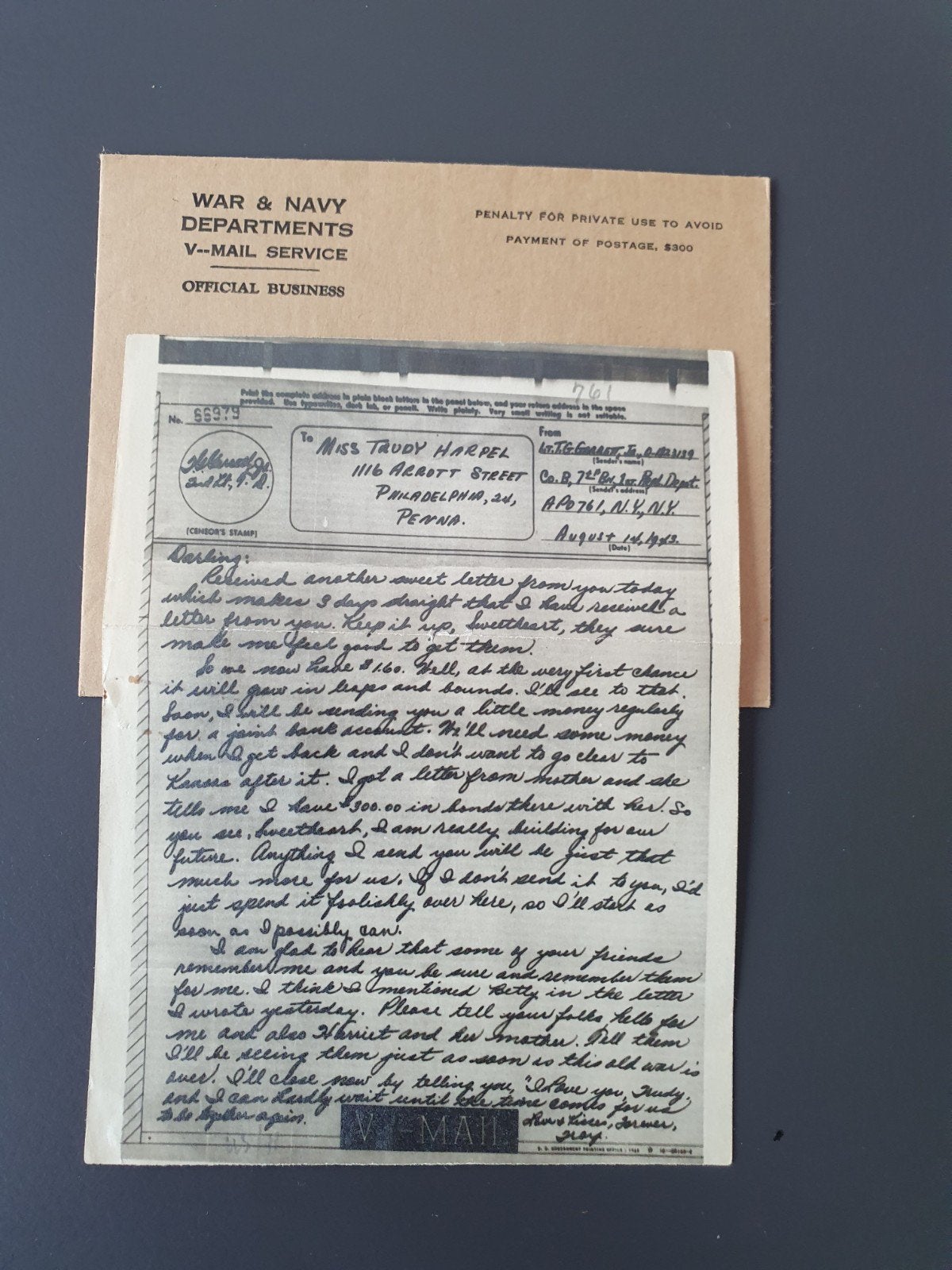Originele V-Mail uit WOII - AP0 761, Ophalen of Verzenden, Marine