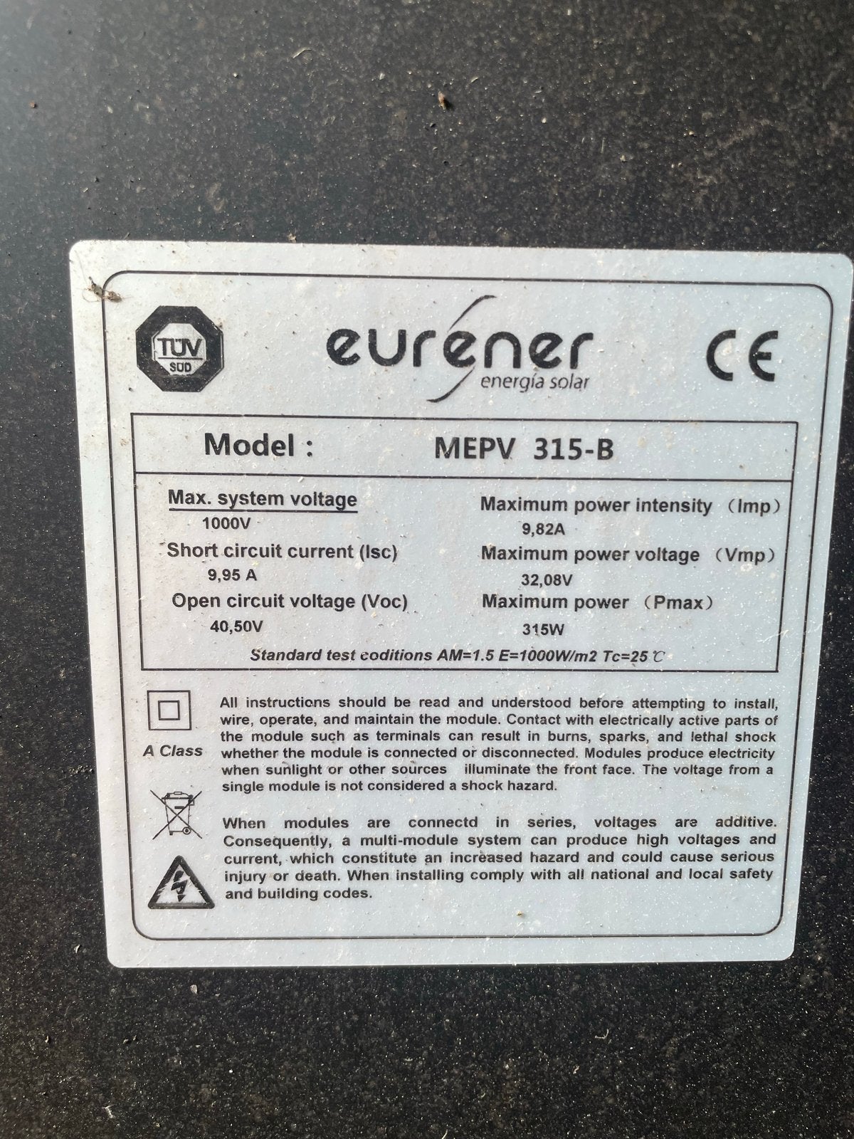 Eurener MEPV 315-B Zonnepaneel - 315Wp, Ophalen, Gebruikt, Paneel, 200 wattpiek of meer