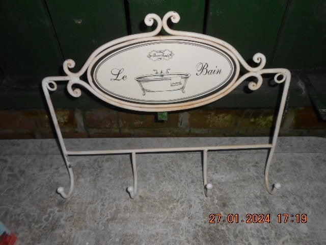 vintage ijzeren kapstok "le bain" + houten roepspaan-kapstok, Huis en Inrichting, Overige materialen, Overige typen, Ophalen of Verzenden