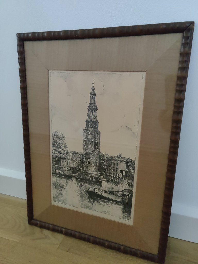 Ets Montelbaanstoren Amsterdam - gesigneerd A. Burton, Ophalen, Stadsgezicht, 48 cm, Gesigneerd