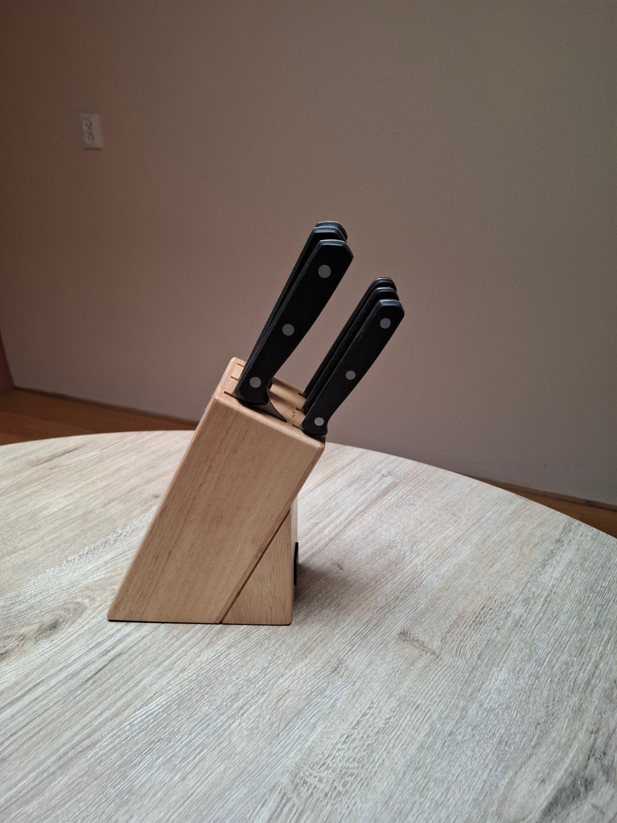 Messenset met houten blok - 6 delig, Huis en Inrichting, Ophalen of Verzenden, Gebruikt, Rvs of Chroom, Bestekset