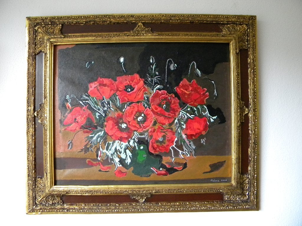 SCHILDERIJ KLAPROZEN IN ZEER FRAAIE LIJST, PAPAVERS, Antiek en Kunst, Kunst | Schilderijen | Klassiek, Ophalen of Verzenden