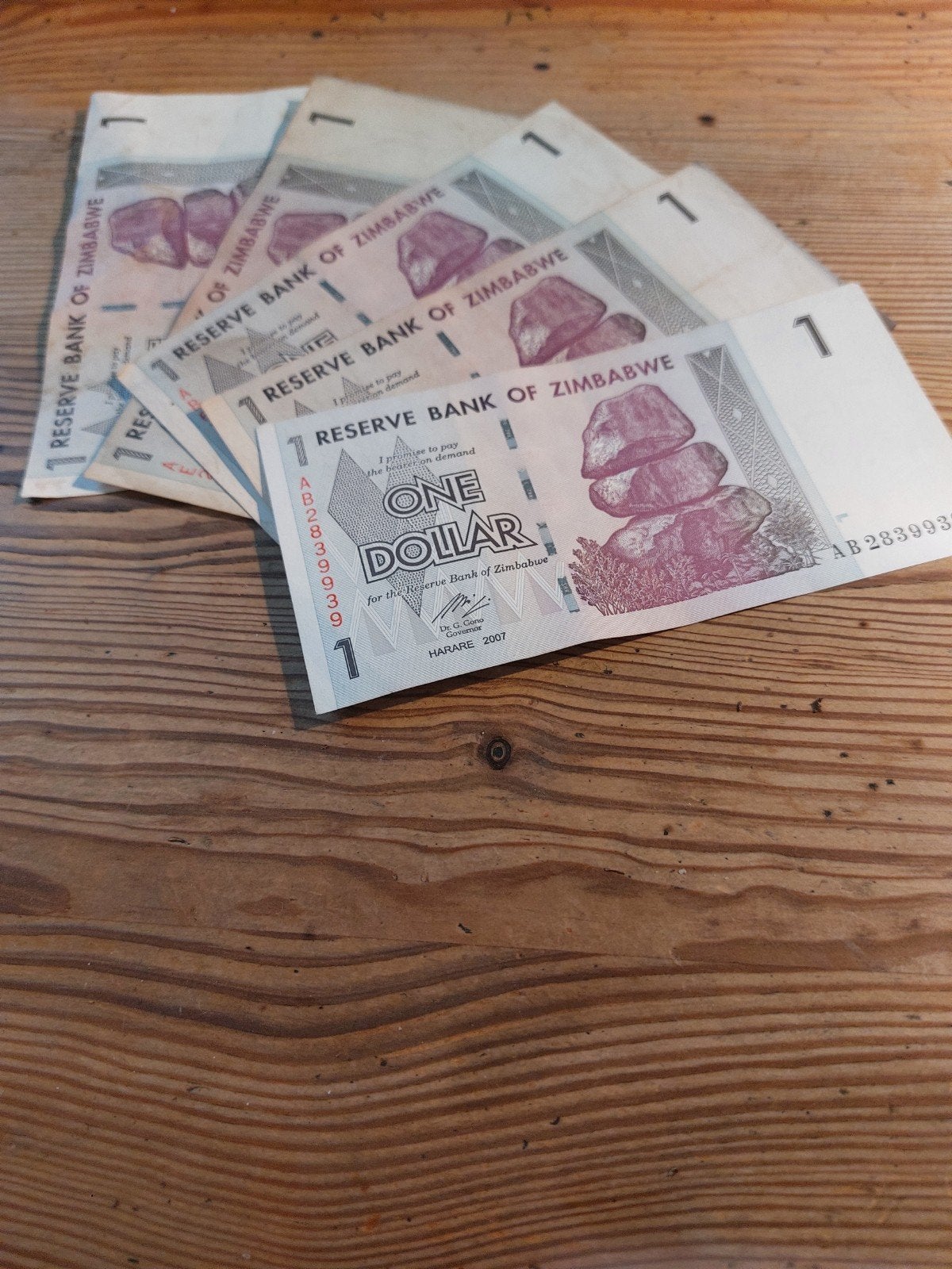 5 x Zimbabwaanse dollar biljetten - 1 dollar 2007, Verzenden, Noord-Amerika