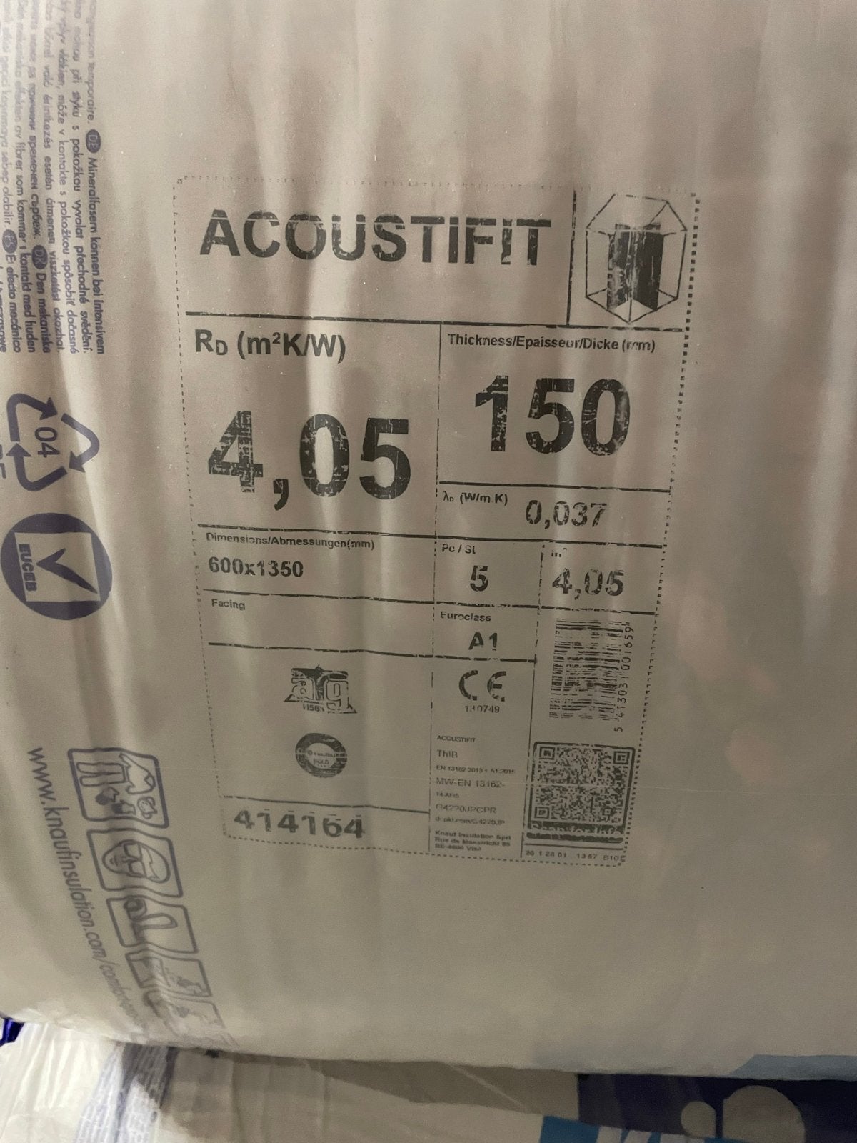 Knauf Acoustifit Glaswol Isolatieplaten - 150mm dik, Doe-het-zelf en Verbouw, Ophalen, Nieuw, 15 m² of meer, Glaswol