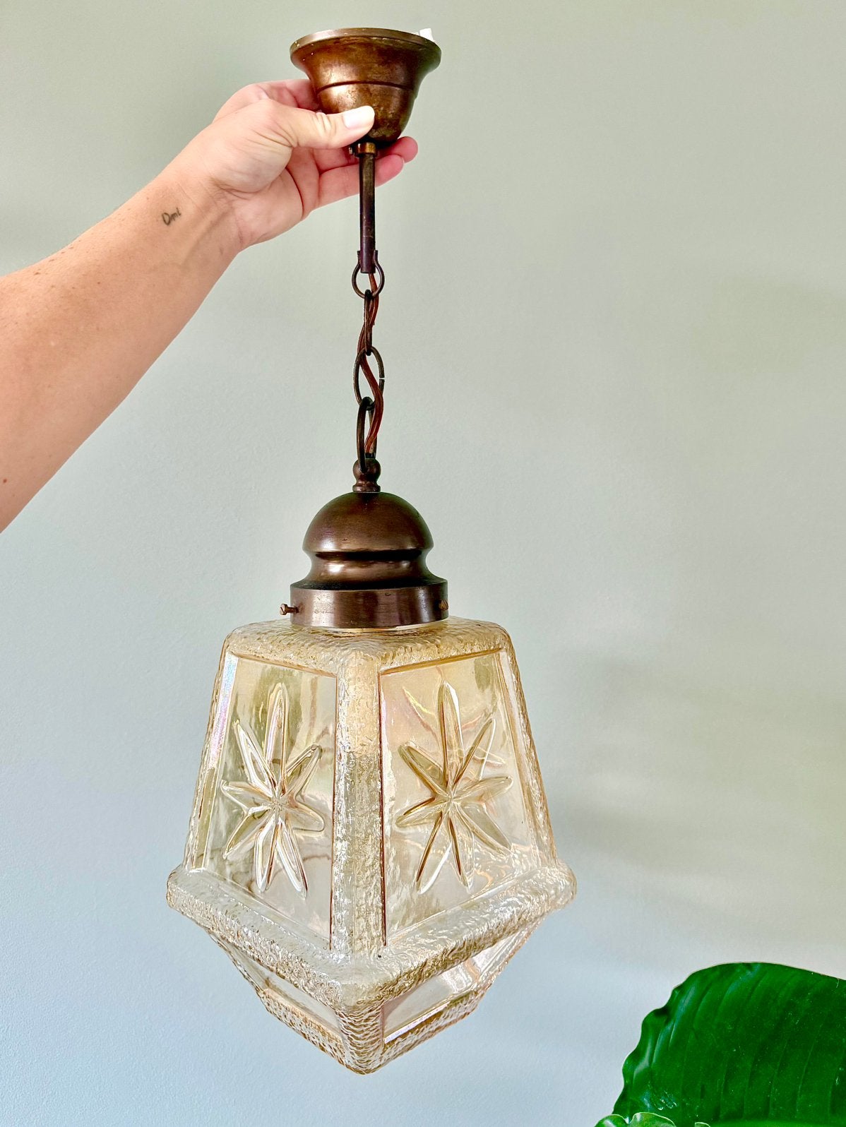 Vintage amber persglas ster lataarn hanglamp lamp, Ophalen of Verzenden, Gebruikt, Glas