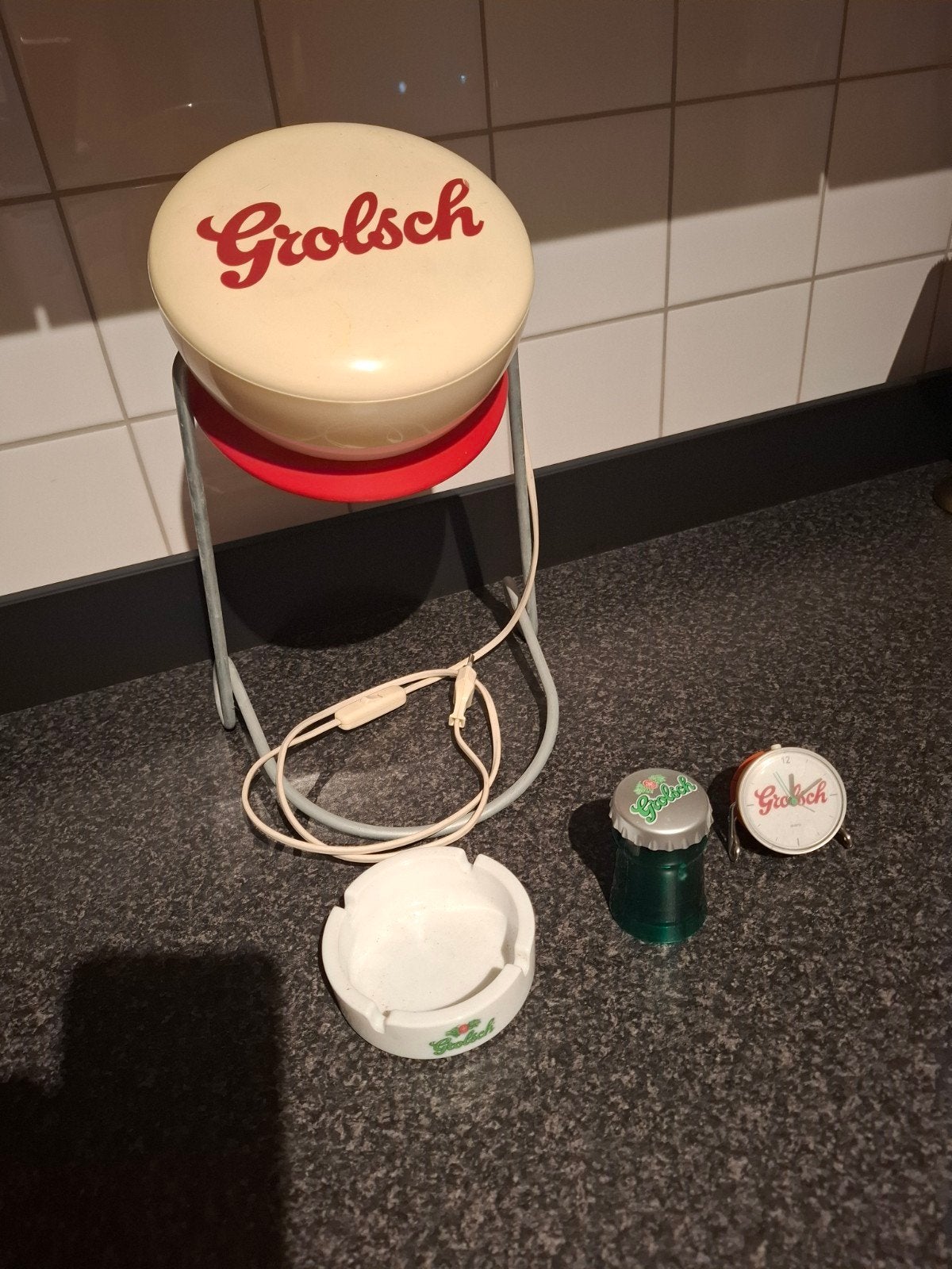 Grolsch verzamelset: kruk, asbak, flesopener, klokje, Verzamelen, Ophalen, Gebruikt