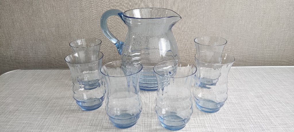 Vintage Midcentury, waterkan met 6 glazen, lichtblauw, Ophalen of Verzenden