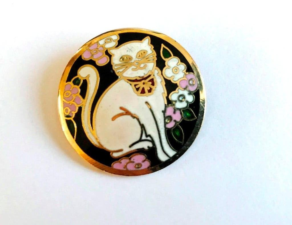 Vintage Schattige kat en bloemen emaille broche, Verzenden, Zo goed als nieuw, Goud, Overige materialen