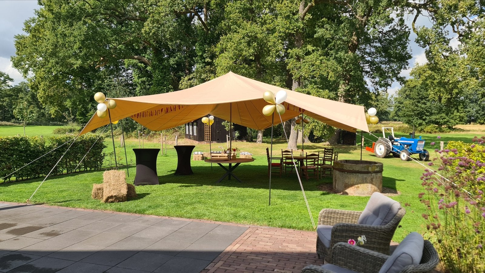 Stretchtent (Activiteitendak) van 6x6 meter te huur!, Ophalen, Opvouwbaar, Partytent, 6 meter of meer