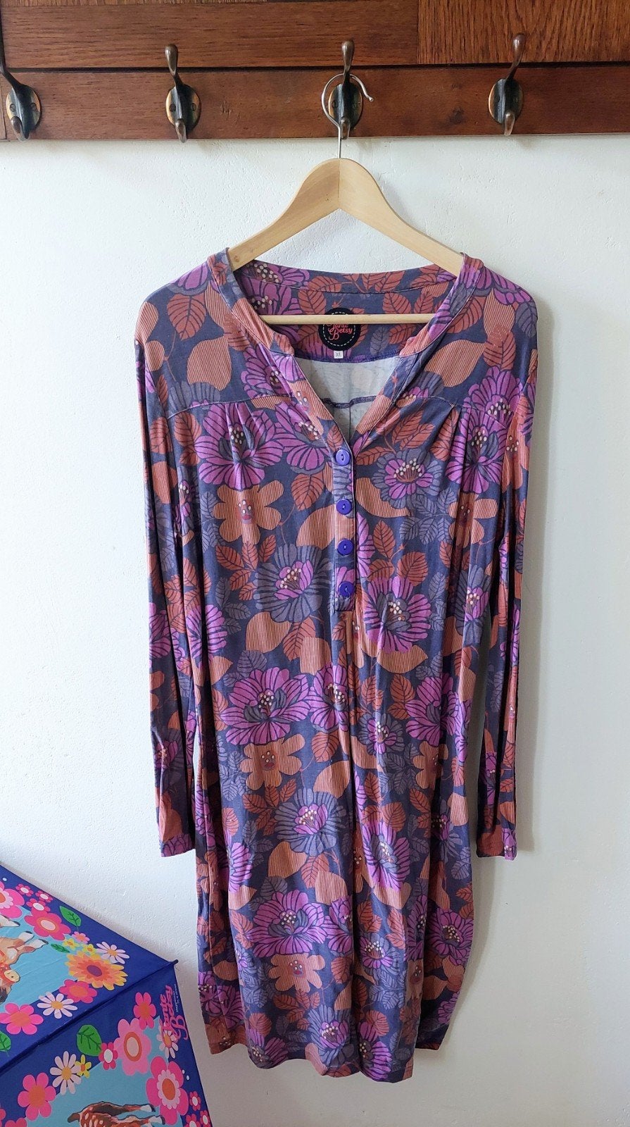 Tante Betsy retro jurk XL paars oranje lange mouw, Tante Betsy, Paars, Maat 46/48 (XL) of groter, Ophalen of Verzenden