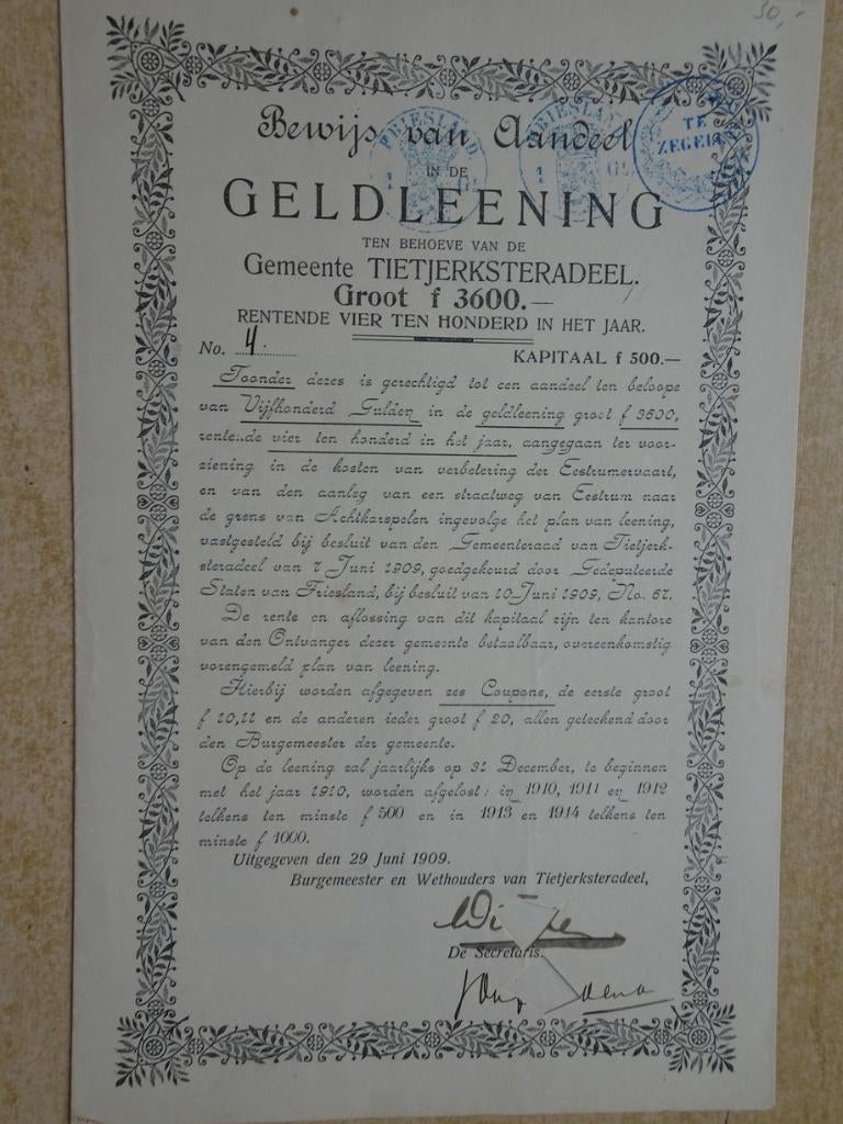 Gem.Tietjerksteradeel.t.b.v. Eestrumervaart/Straatweg 1909, Postzegels en Munten, Ophalen of Verzenden, Voor 1920, Aandeel