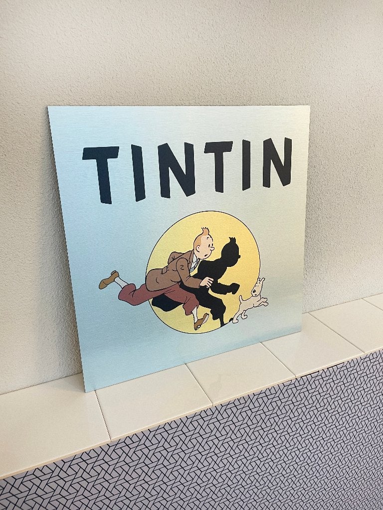 Reclamebord Kuifje TinTin, aluminium, rvs look, 40x40 cm, Ophalen of Verzenden, Nieuw, Reclamebord