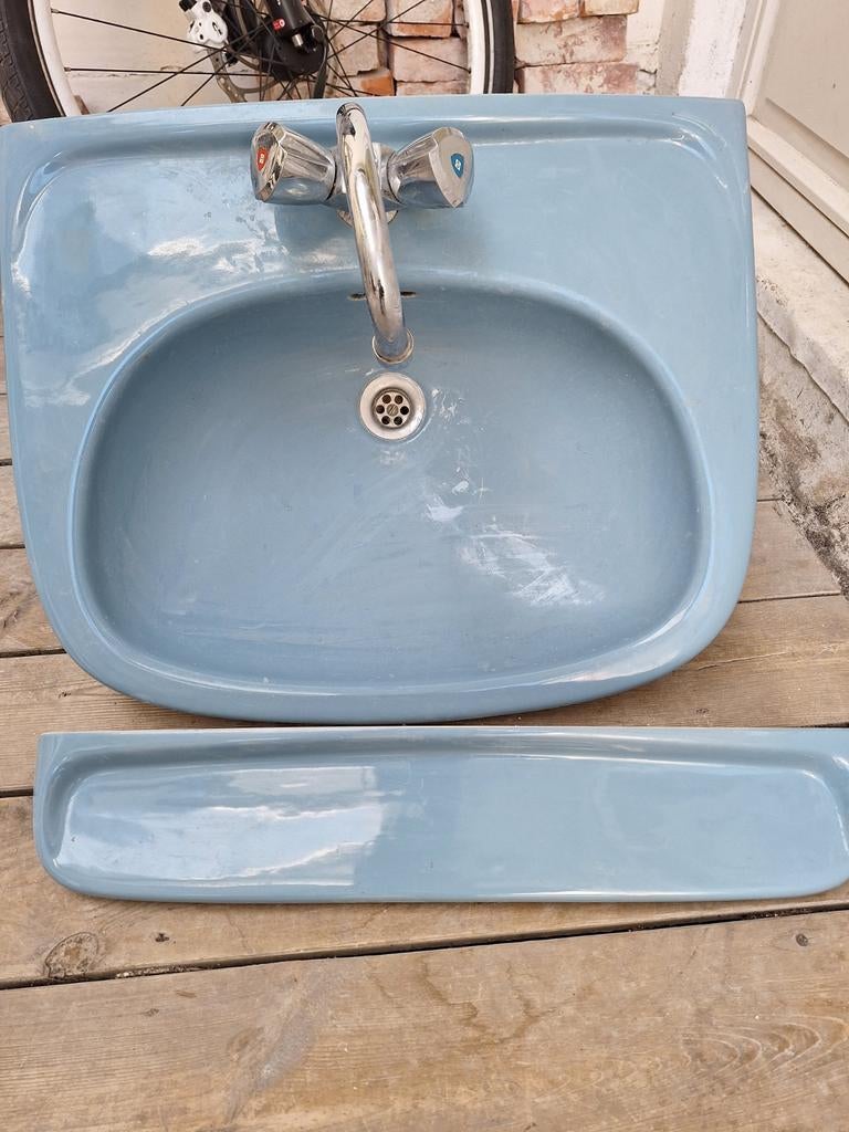 Wasbak met planchet keramiek Retro blauw, Ophalen, 25 tot 50 cm, Wasbak of Wastafel, Minder dan 100 cm