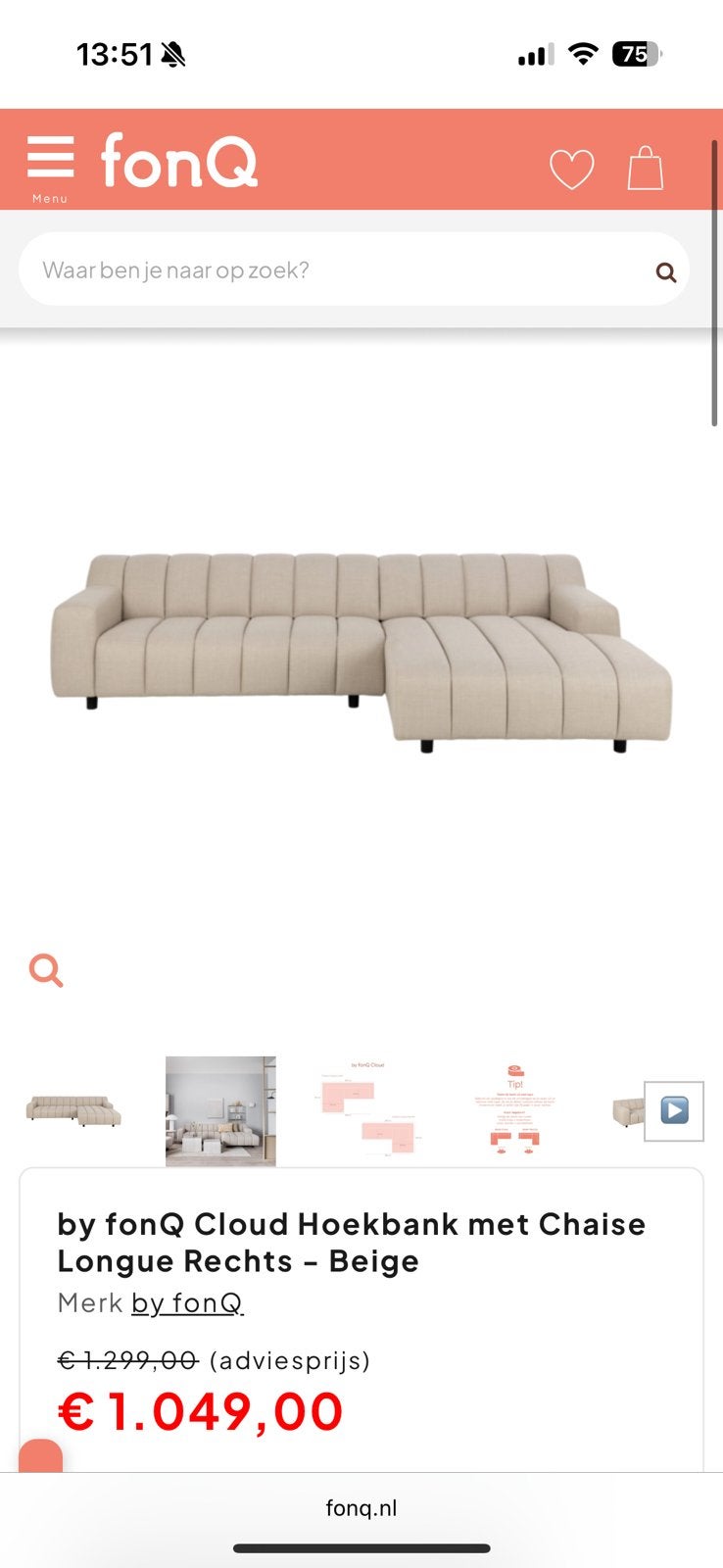 FonQ hoekbank beige met chaise longue rechts, Ophalen, Japandi, 250 tot 300 cm, Minder dan 75 cm