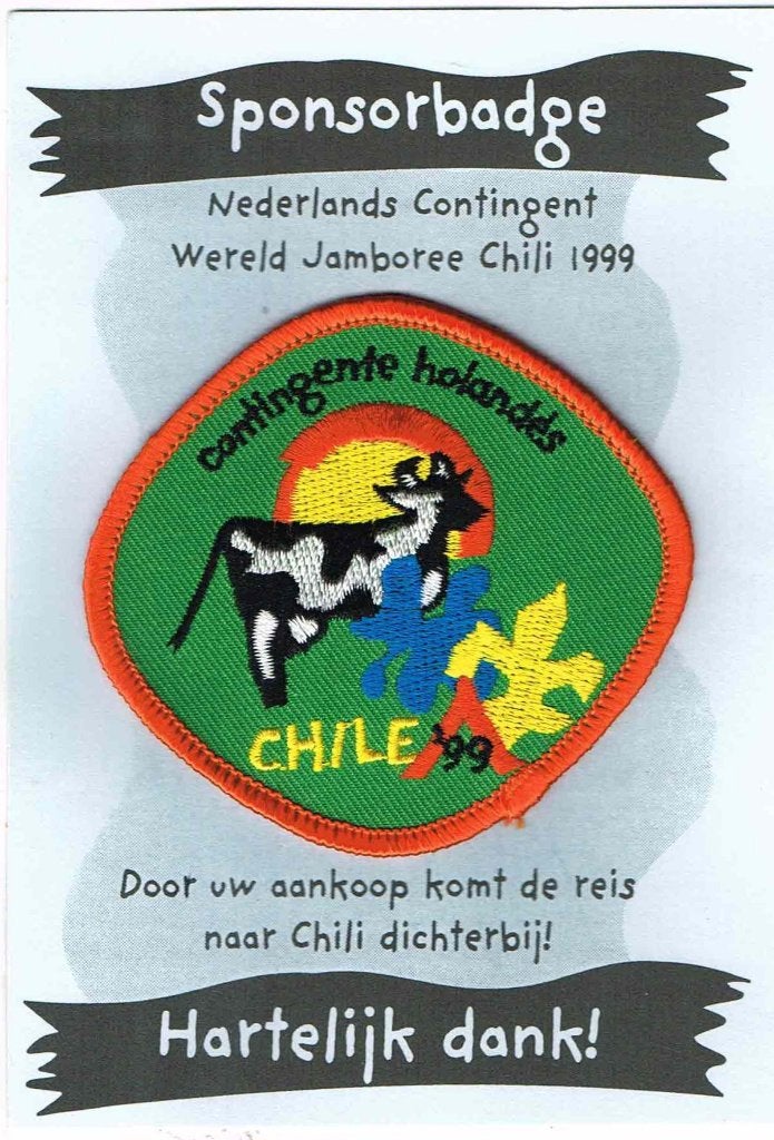Scouting Wereld Jamboree 1999 SPONSORBADGE met flyer, Ophalen of Verzenden, Nieuw, Embleem, Speld of Insigne