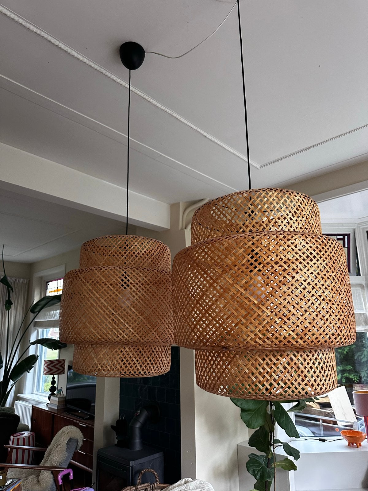 IKEA Sinnerlig Hanglampen Bamboe twee stuks, Ophalen, Gebruikt, Natuurlijk materiaal, E27 (groot)