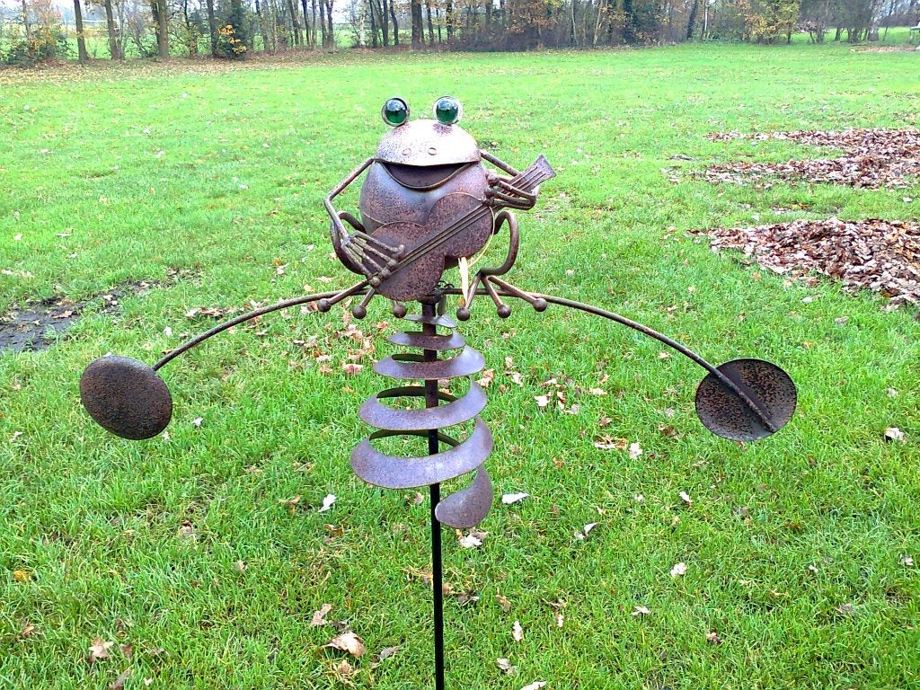 Tuinsteker, tuinprikker, windspel Kikker met gitaar, trompet, Ophalen of Verzenden, Nieuw