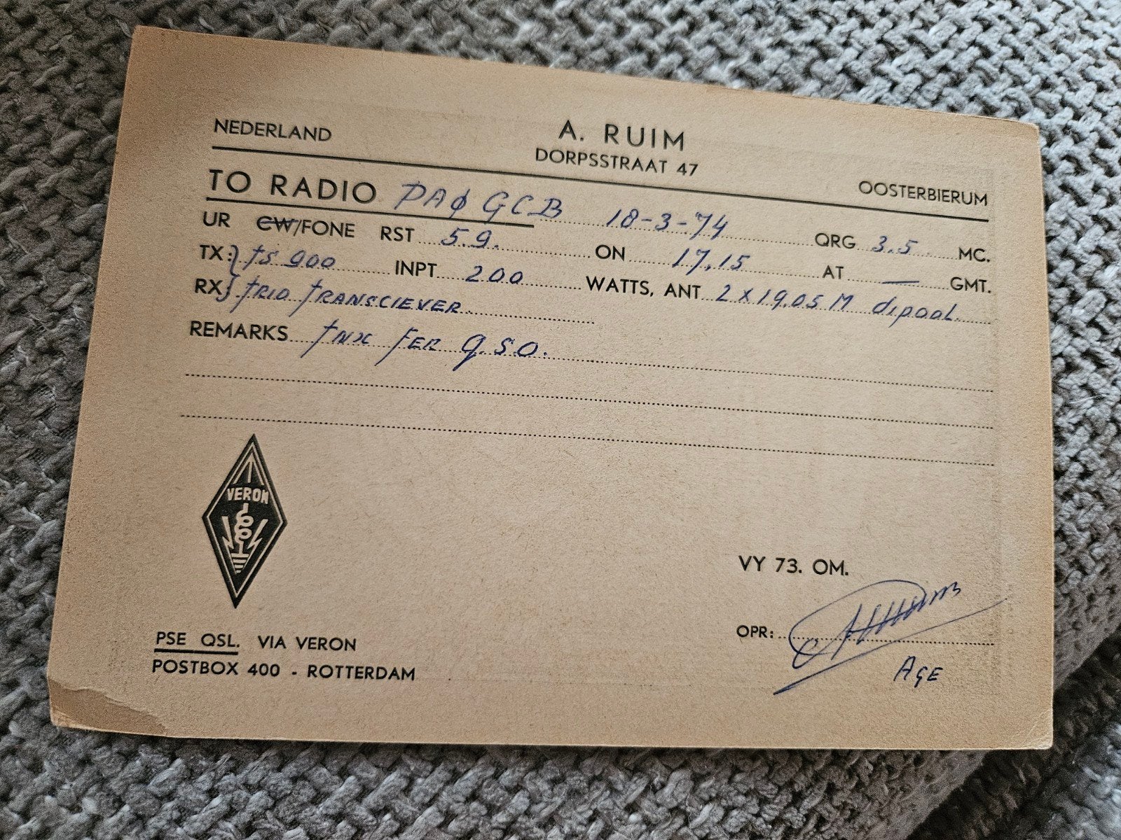 Oosterbierum Vintage QSL-kaart PA0RA - 1948, Ophalen of Verzenden