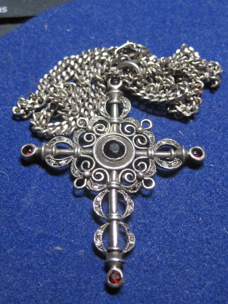 Zeldzaam kruishanger circa 1920 met ketting zilver 835, Sieraden, Tassen en Uiterlijk, Ophalen, Zilver, Hanger, Met edelsteen