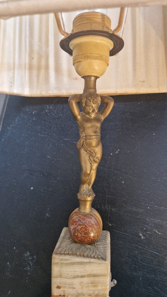 Vintage Koperen Lamp met Stoffen Kap en Marmeren Voetstuk, Gebruikt, Overige fittingen, Ophalen of Verzenden, Vintage, Klassiek, Antiek