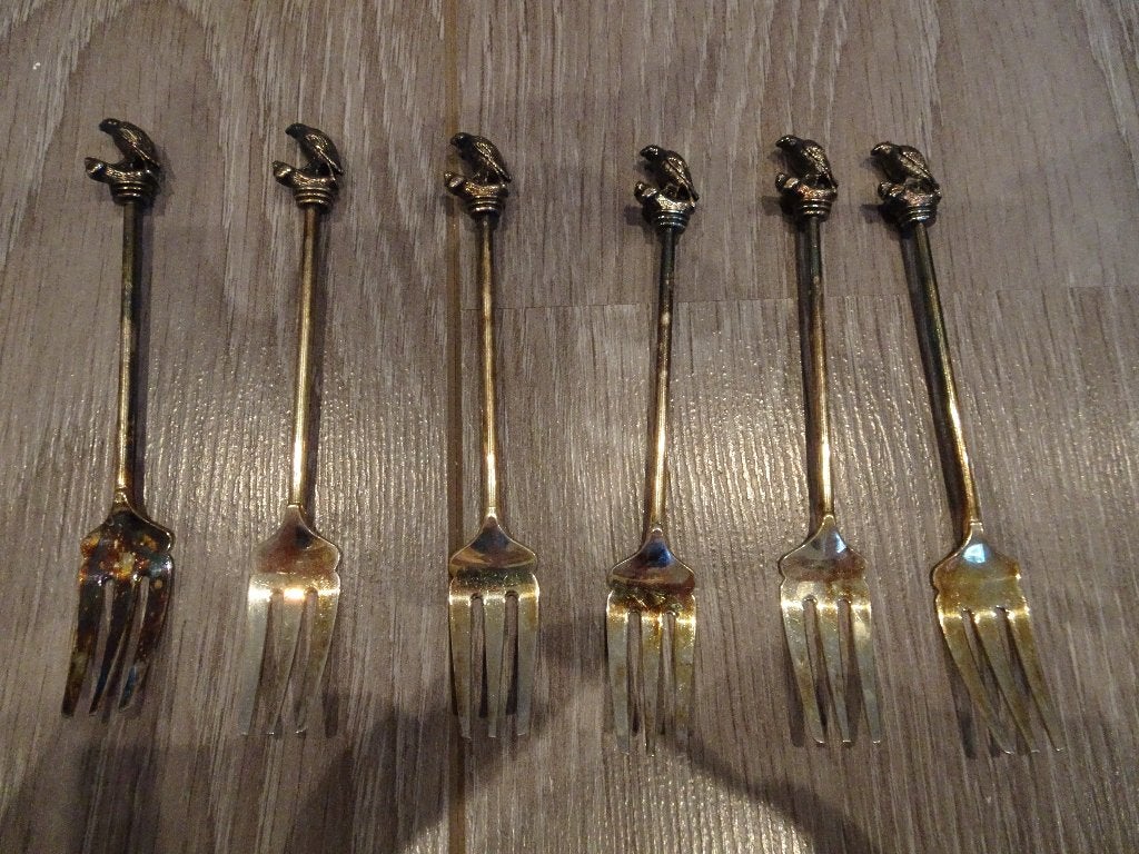 6 Verzilverde gebaksvorkjes met vogel – vintage & decoratief, Ophalen of Verzenden