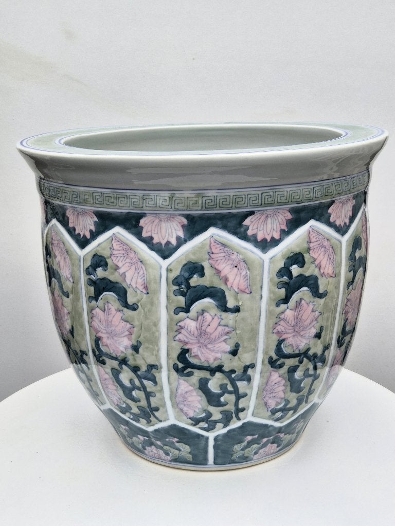 Vintage Chinese porseleinen bloempot (35 cm) met houten voet, Ophalen
