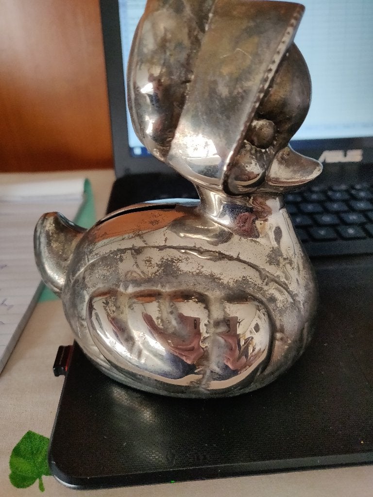 Spaarpot eend, verzilverd, zilver ?, Verzamelen, Ophalen of Verzenden, Zo goed als nieuw, Metaal of Blik, Dier