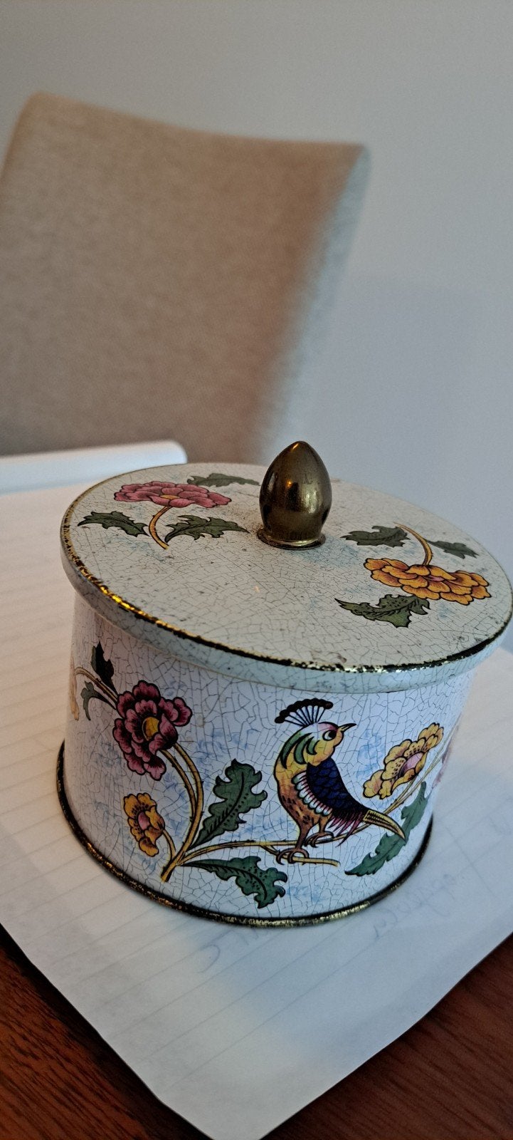 Vintage blikken doos met vogel- en bloemmotief, Ophalen of Verzenden