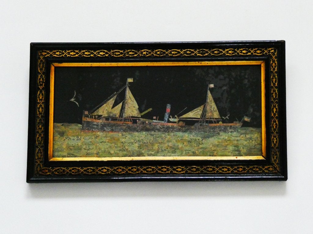 Uniek oud postzegel schilderij met een zeilboot maritiem, Ophalen of Verzenden