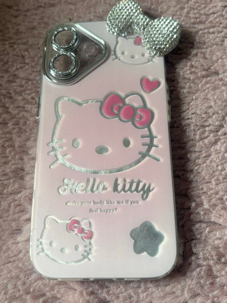 Hello Kitty iPhone 16 Hoesje met Strikje en Strass, Krasbestendig, Nieuw, Hoesje of Tasje, Roze
