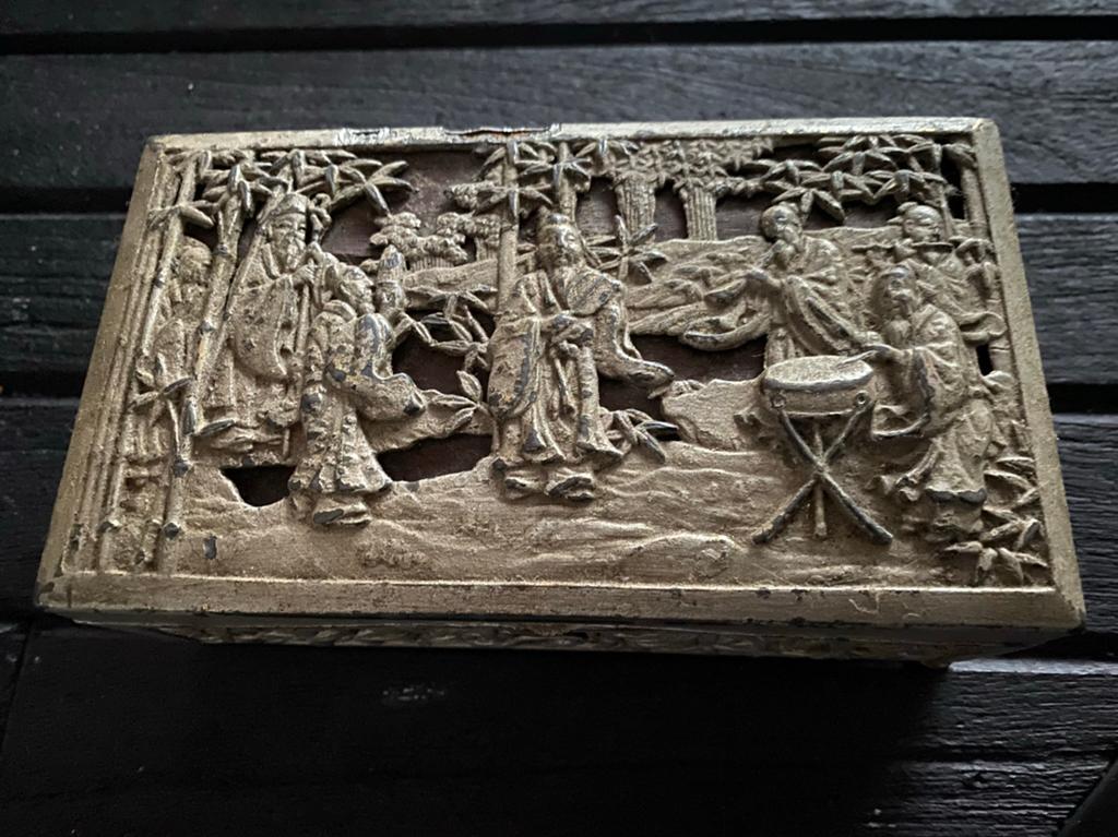 Antiek Chinees doosje metaal op hout, Antiek en Kunst, Ophalen of Verzenden