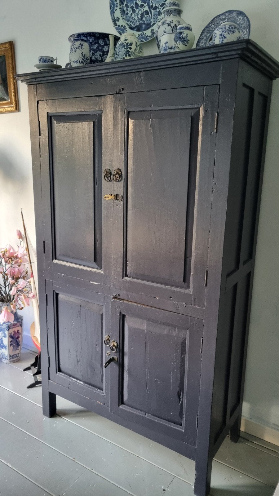 Antieke houten kast - Donkerblauw geschilderd, Ophalen