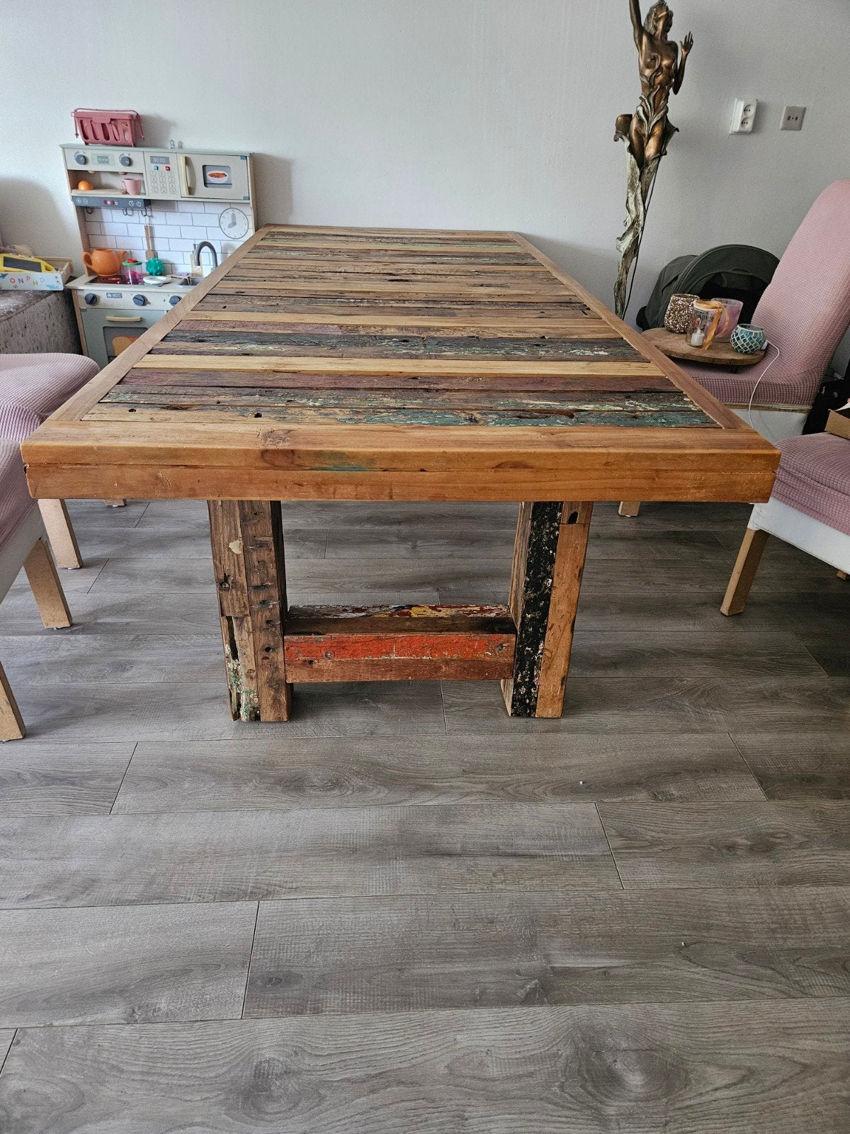 Lodsh eettafel van gerecycled hout 240cm X100cm X 77cm hoog, Ophalen, Gebruikt, 200 cm of meer, 50 tot 100 cm