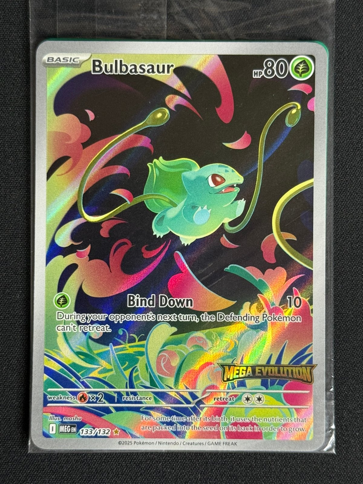 Bulbasaur (xMEG 133) - Stamped Promo Mega Evolution, Ophalen, Zo goed als nieuw, Losse kaart, Foil