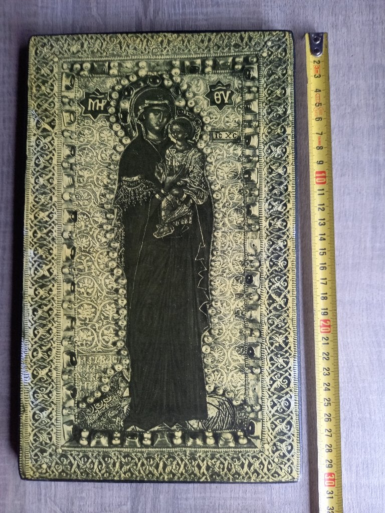 Oud Houten Icoon Maagd Maria (Theotokos) en Kind Jezus, Ophalen of Verzenden