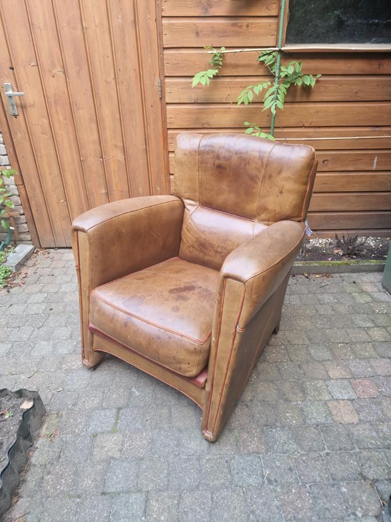 ,Vintage Leren Fauteuil - Echt Schapenleer, Huis en Inrichting, Fauteuils, Ophalen, Gebruikt, 75 tot 100 cm, Vintage, Klassiek, Industrieel