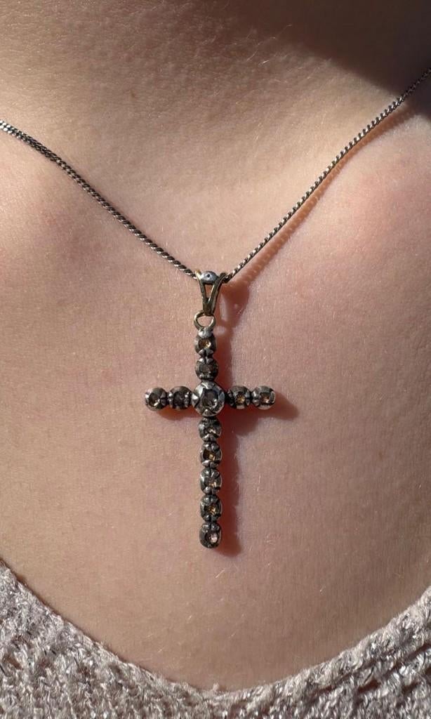Kruis diamanten ketting hanger antiek 14k goud zilver fraai, Verzenden, Goud, Hanger, Met edelsteen