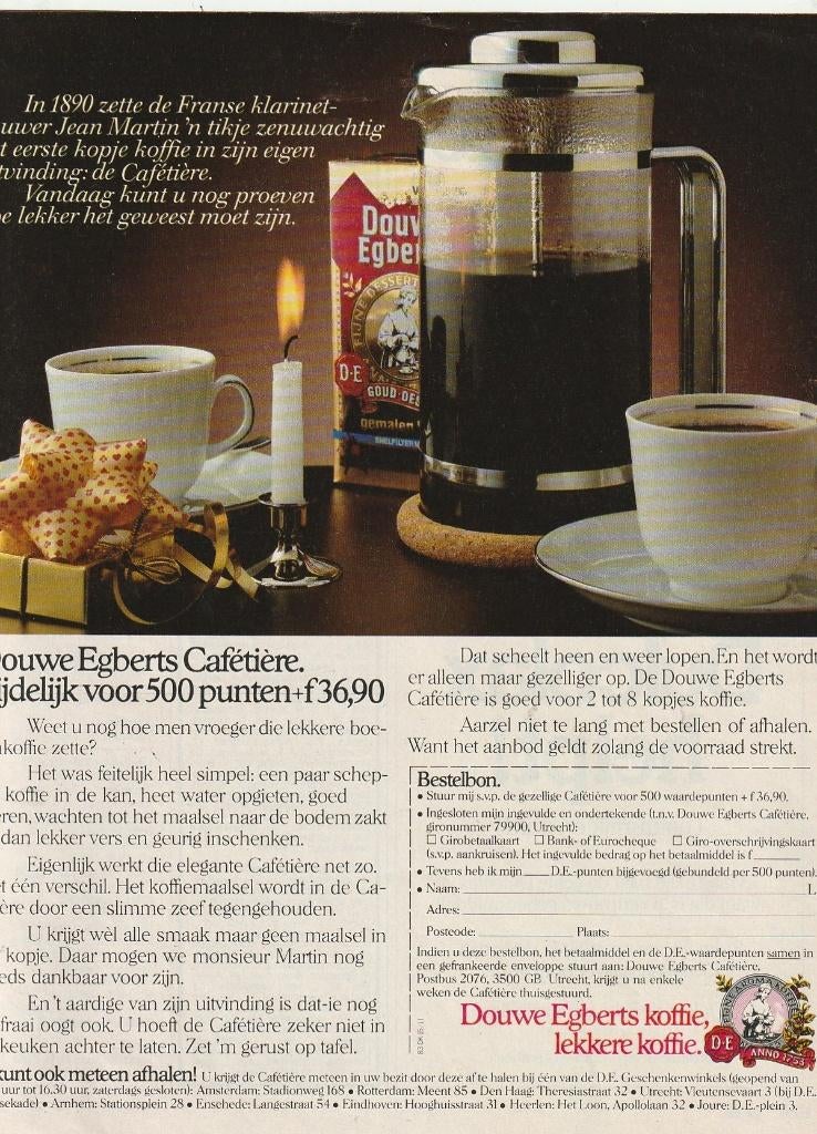 retro reclame 1983 Douwe Egberts cafétiere koffiezetter, Verzamelen, Retro, Verzenden, Overige typen