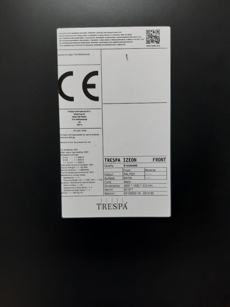 trespa stukken 6 mm dik ral 7021 1 zijdig teuge, Ophalen, Nieuw
