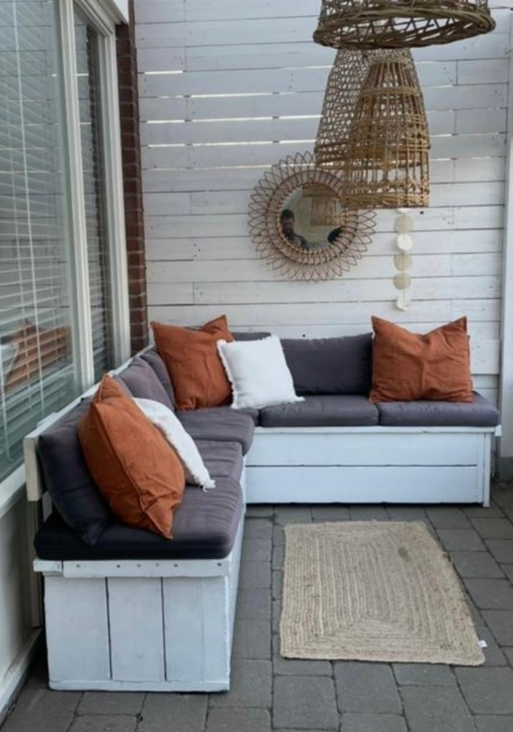 2x steigerhouten tuinbank / kist wit, Ophalen, Zo goed als nieuw, Hout