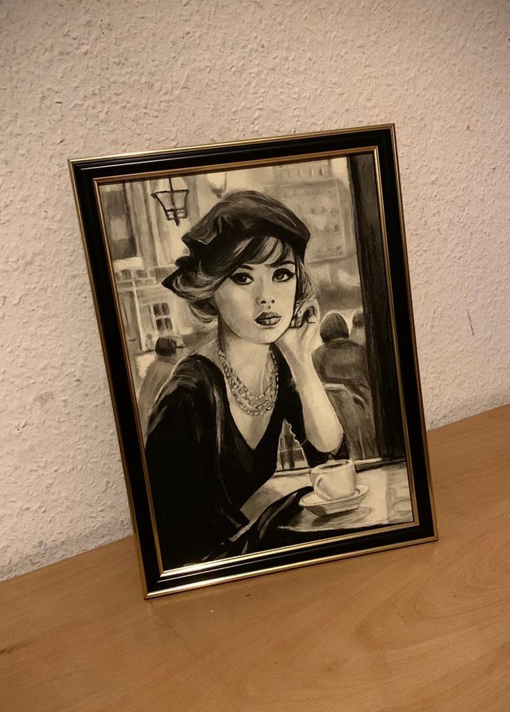 Franse vrouw tekening in lijst, Antiek en Kunst, Kunst | Tekeningen en Foto's, Ophalen