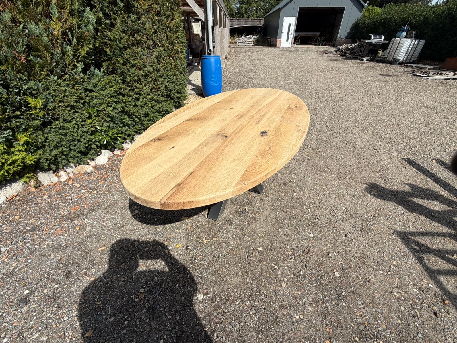 Mooie grote industriele ovale eiken tafel 240x120, 100 tot 150 cm, Ophalen of Verzenden, Vijf personen of meer, Eikenhout