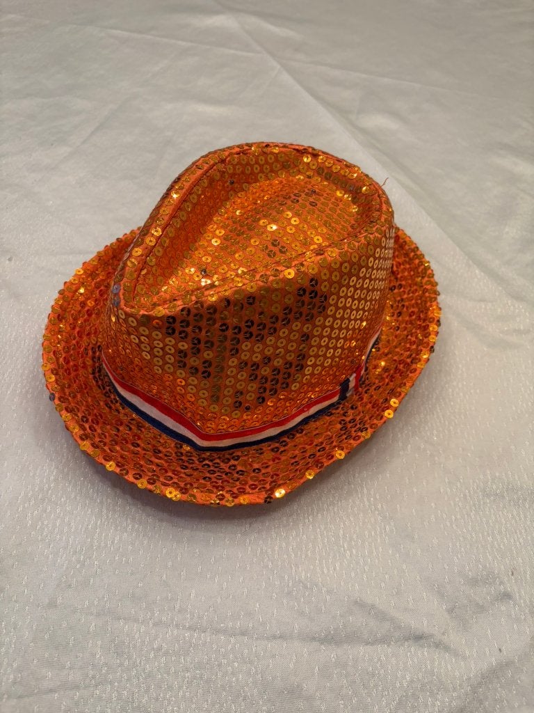 Wk voetbal of koningsdag oranje glitter feest  hoedje!, Ophalen of Verzenden, Zo goed als nieuw, Hoed of Pruik, Oranje of Koningsdag