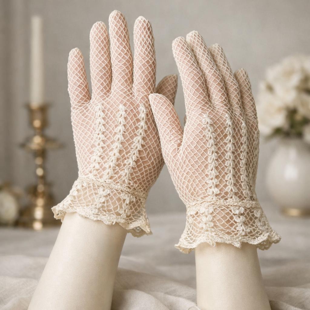 paar vintage ivoorwit geweven katoen visnet handschoenen, Ophalen of Verzenden, Dames