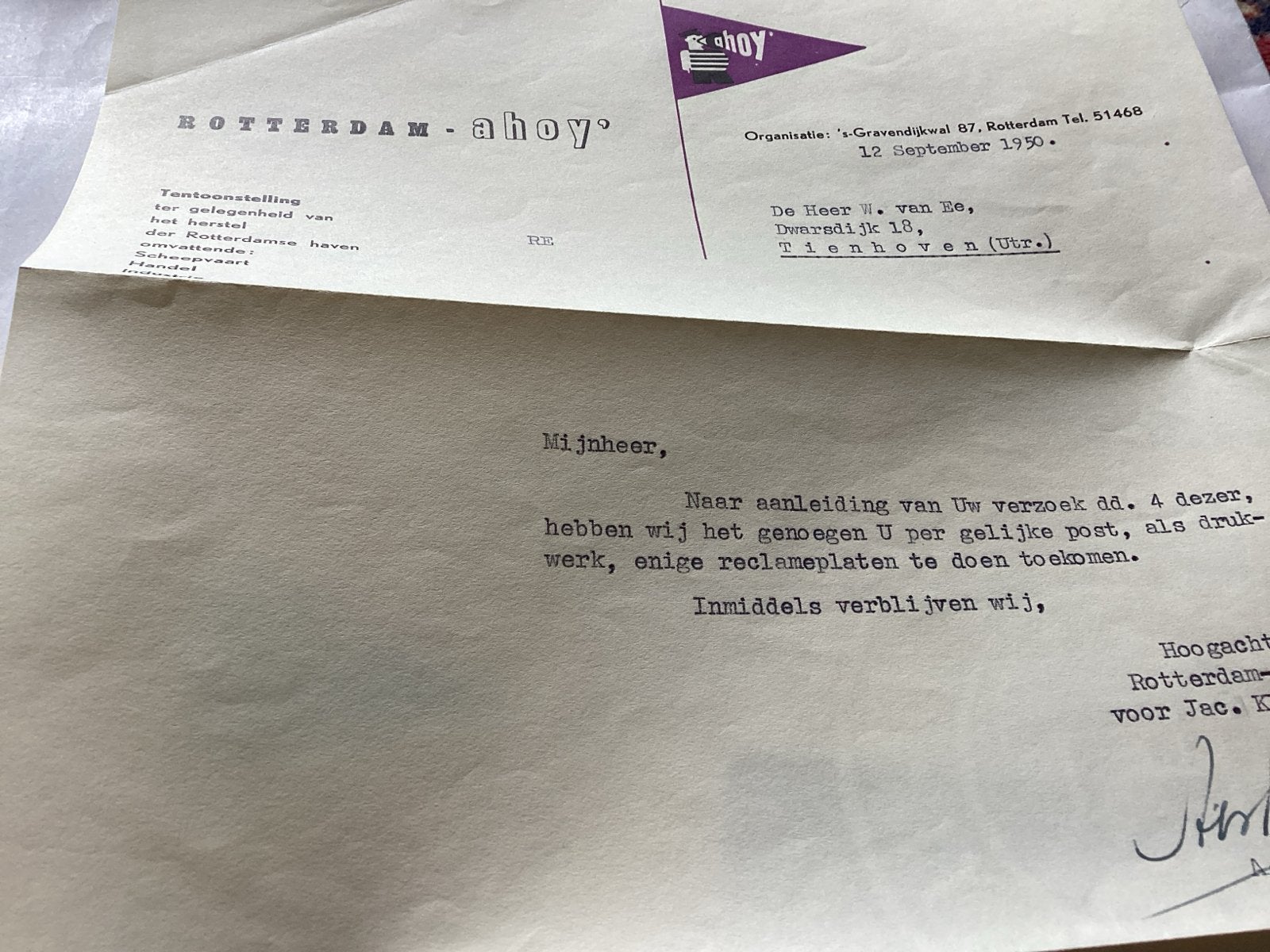 Rotterdam Ahoy brief uit 1950, Verzamelen, Ophalen of Verzenden