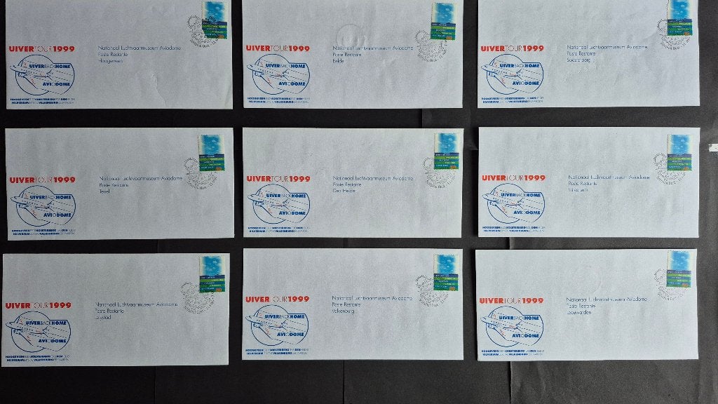 Serie van 9 enveloppen van de Uiver tour in 1999 (K1044), Postzegels en Munten, Ophalen of Verzenden, Envelop