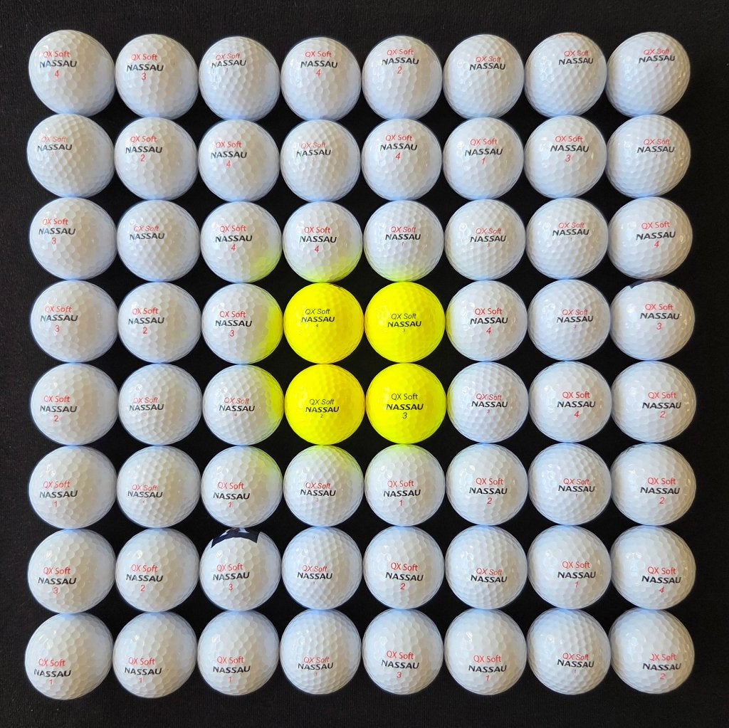 64 stuks PREMIUM Nassau QX Soft golfballen, Ophalen of Verzenden, Zo goed als nieuw, Bal(len)