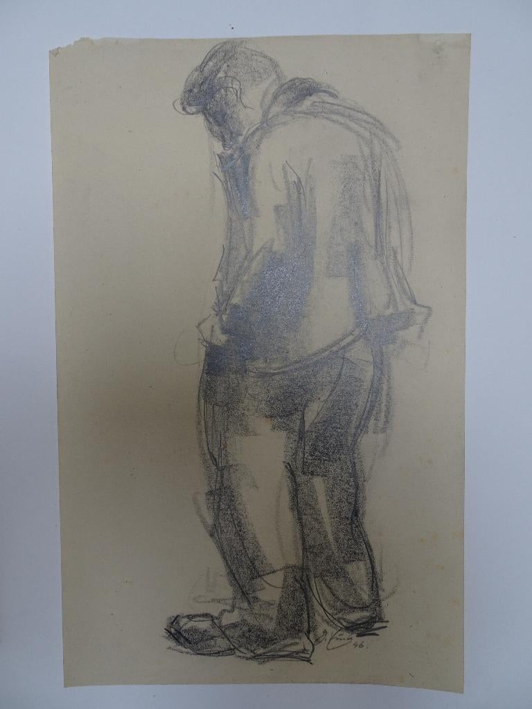 Tekening gebogen man met handen in de zakken, Jan Vink 1946, Verzenden