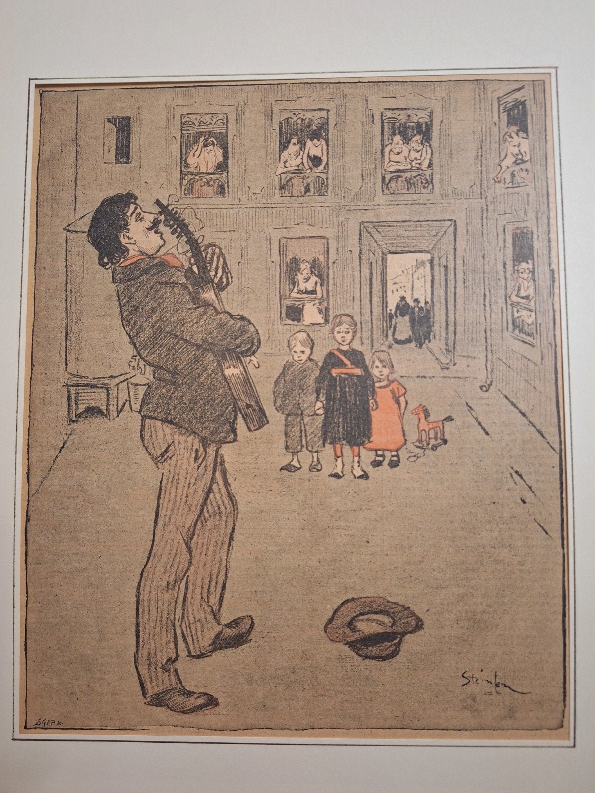 Lithografie Steinlen - Straatmuzikant met publiek, Ophalen of Verzenden