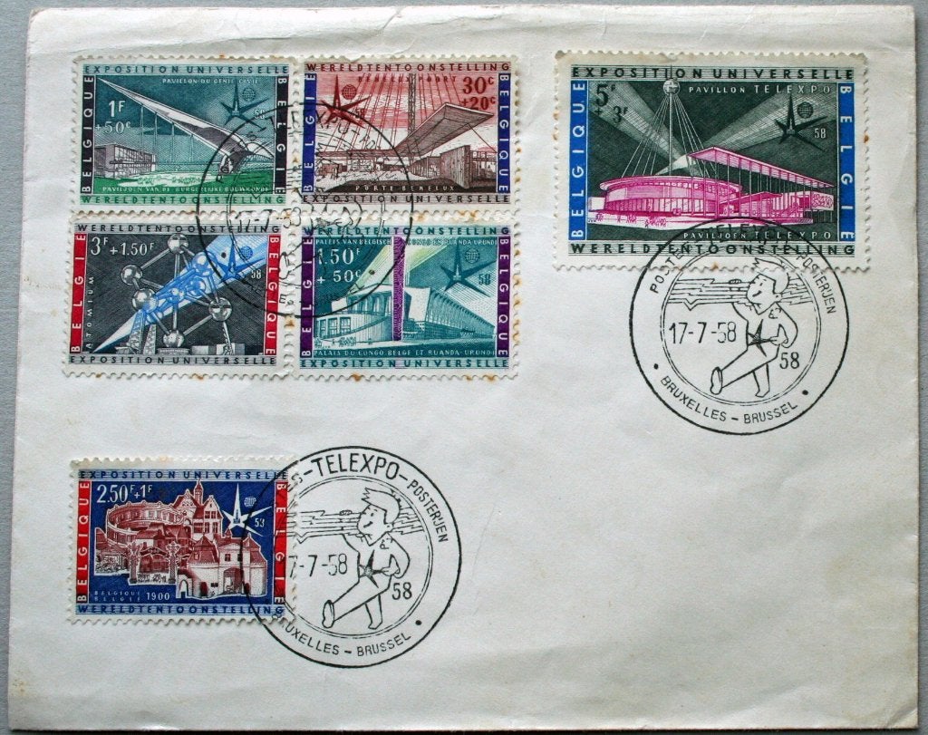België, 2 enveloppen uit 1958 met spec. stempel, Postzegels en Munten, Brieven en Enveloppen | België, Ophalen of Verzenden, Envelop